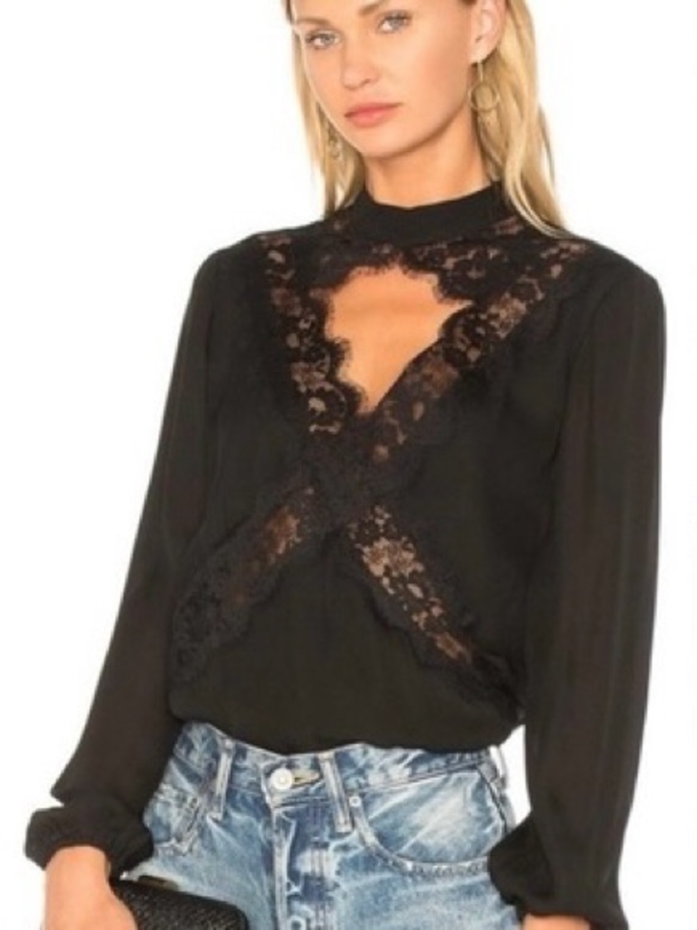 Cami NYC Black 100% Silk Lace Blouse XS Mock Neck Keyhole Long Sleeve Revolve